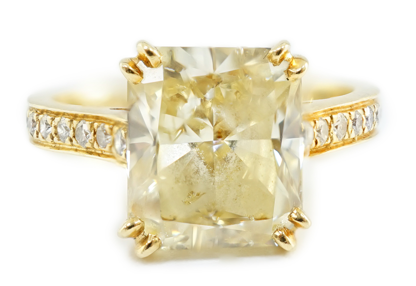 An impressive modern 18ct gold and cut cornered rectangular modified brilliant cut natural fancy yellow single stone diamond ring